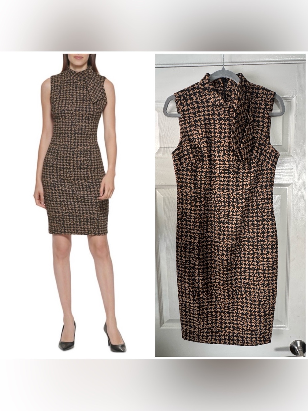 Calvin Klein Black and Tan Houndstooth Midi Sheath Dress